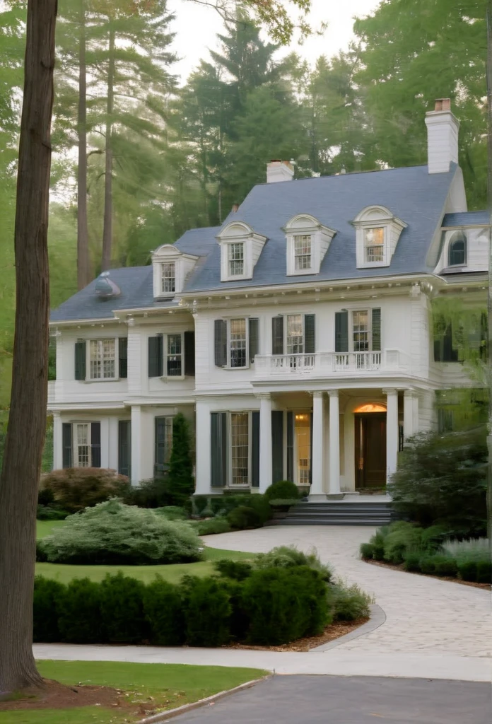 a close up of a house with a driveway and trees, colonial style, new england architecture, neo - classical style, colonial, classical style, art house film aesthetic, beautiful house on a forest path, nd 6, neoclassical style, f/5.6, mysterious exterior, f5.6, classicism style, suburban home, gilmore girls aesthetic