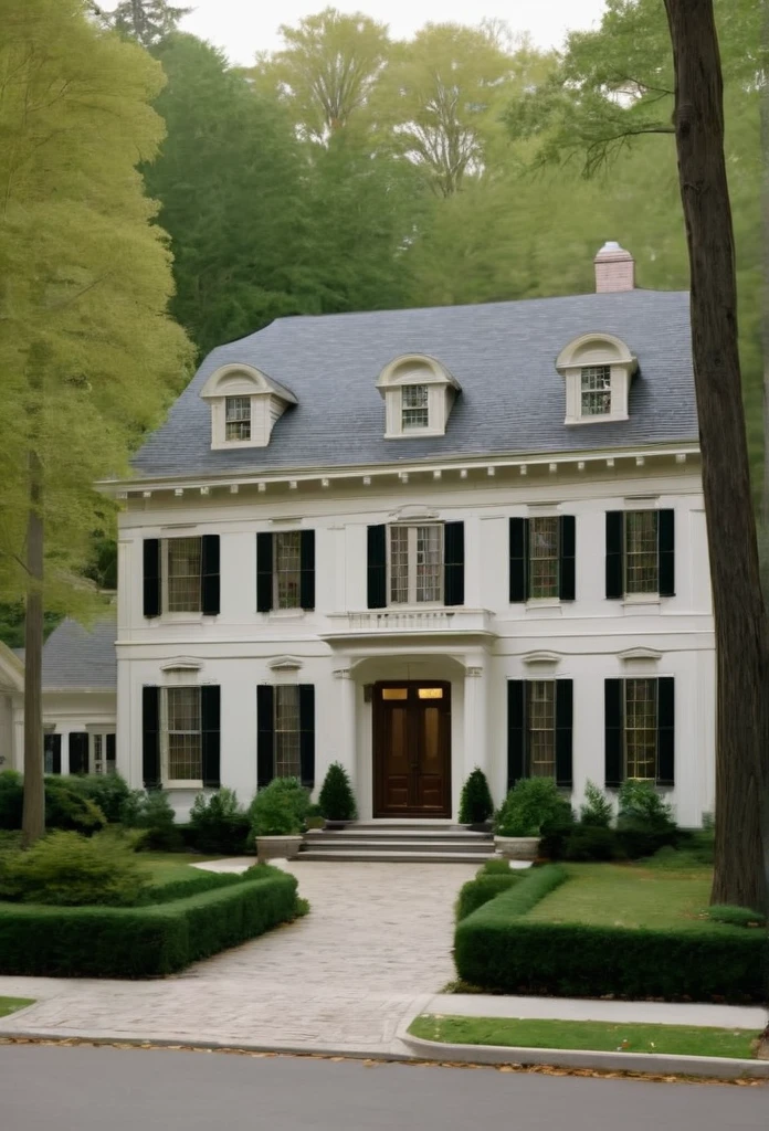 a close up of a house with a driveway and trees, colonial style, new england architecture, neo - classical style, colonial, classical style, art house film aesthetic, beautiful house on a forest path, nd 6, neoclassical style, f/5.6, mysterious exterior, f5.6, classicism style, suburban home, gilmore girls aesthetic