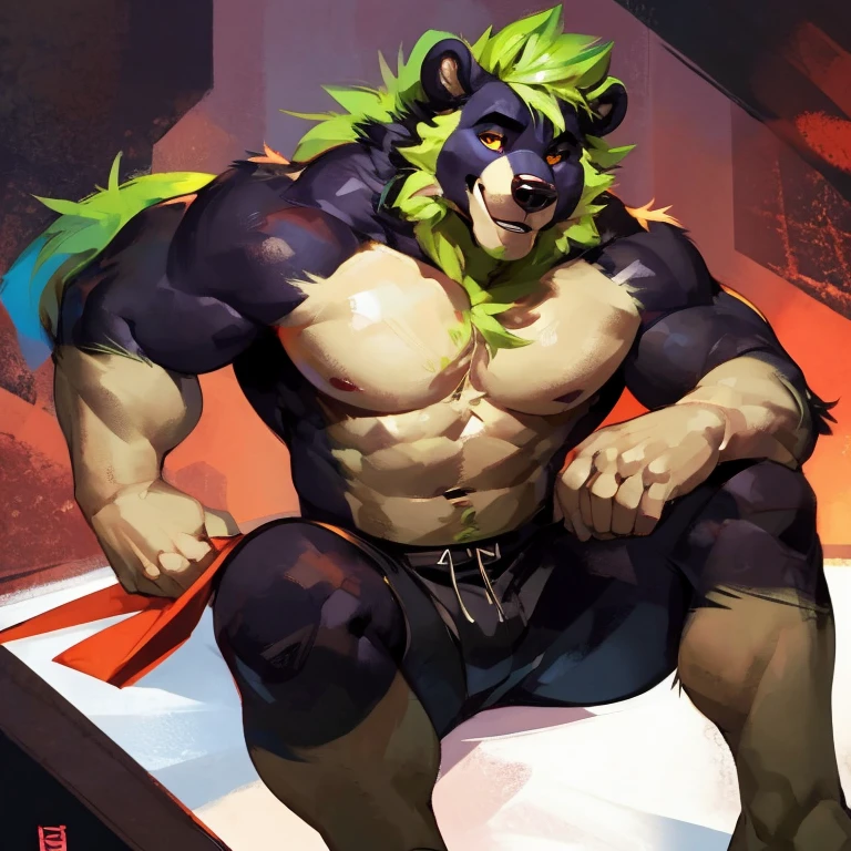 Medium muscular, black bear, shirtless, in black shorts, Amber eyes, bluish-green mane, bluish-black fur, cream-white fur, By mystikfox61