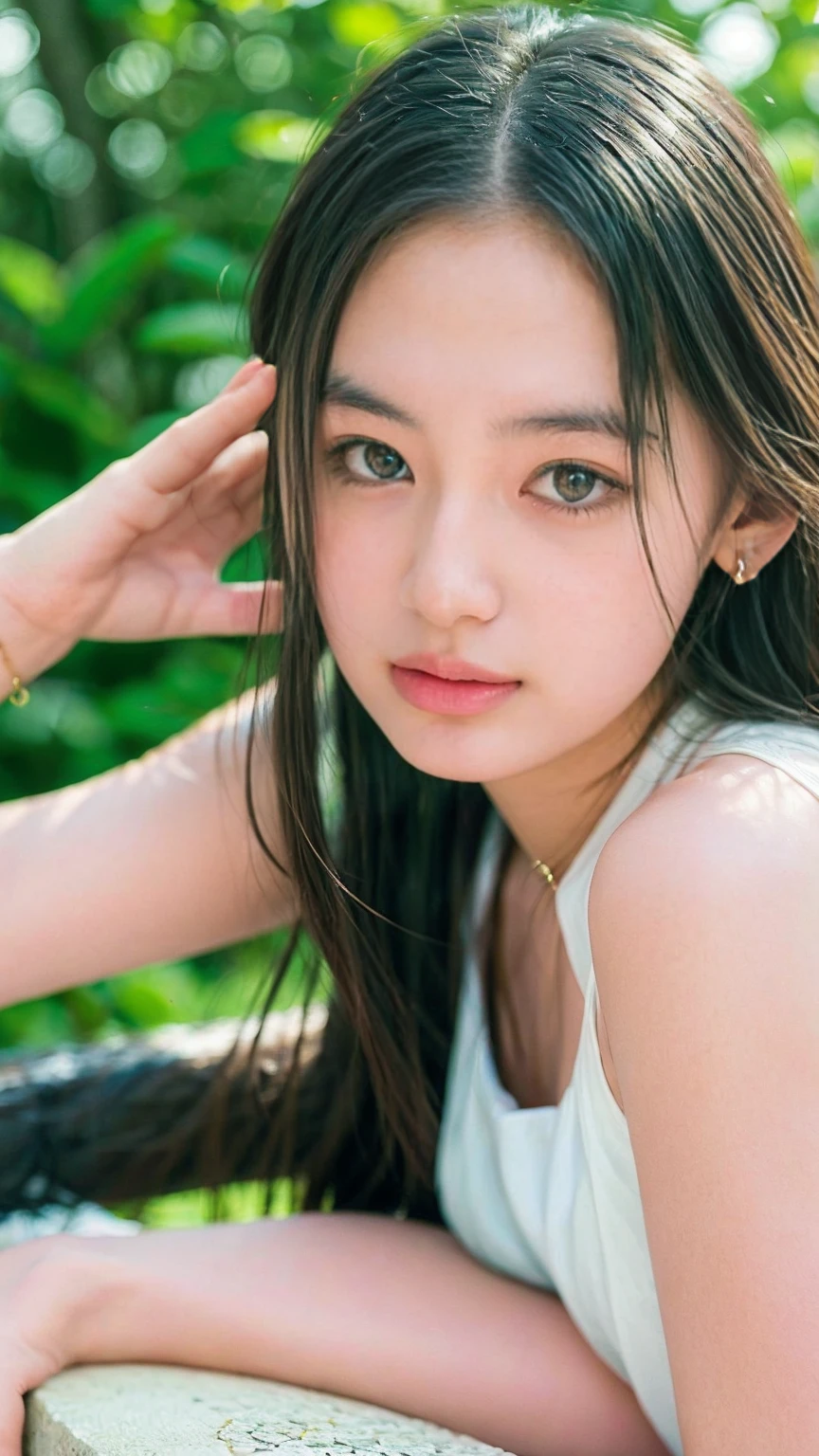 ((((detailed explanation)))),(((masterpiece、Highest quality、Very detailed:1.42、Focus on the eyes)))、Female in her late teens、Portraiture、Blurred cityscape at dusk、Silhouette of buildings and street lights Long dark brown hair、natural wavy curls、The wind is blowing softly、Hair falls down the side of the face、Skin is smooth、Healthy olive color、The tan lines are faintly visible、Natural redness on the cheeks、I have a few small laugh lines on my forehead.、Eyes with dark brown irises、The pupil is shining, Reflect light、Long curled eyelashes、Accentuate the eyes、Eyebrows are thin and trimmed、Natural Arch、Small Nose、straight、straight nose、lips are plump、soft pink lip gloss、Ultra-thin camisole、Barefoot and ???? legs、A simple silver bracelet on her right wrist、A small diamond earring sparkles in her left ear...、The expression is calm、Be confident、smile、(((Emphasize the contrast between light and shadow)))、Realistic textures and facial details