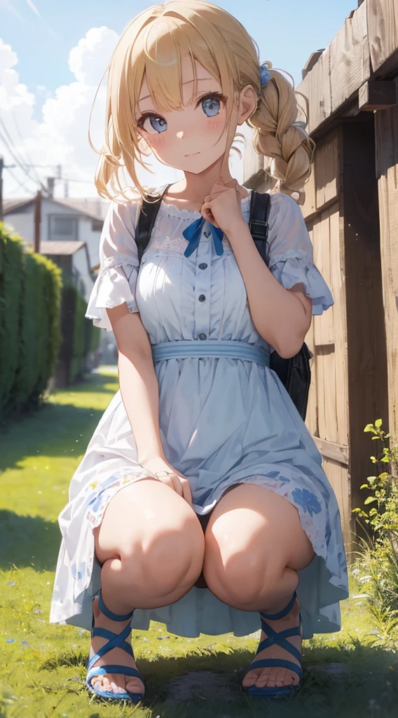 With a girl:Her hair is blonde and long.、Braiding。Her face is round and cute。White and blue dress outfit、Has a floral pattern。white sandal shoes、Ribbons on the ankles。Scene with girl doing squats and splits:There is a beautiful シーン floating in the background.、blue sky, White cloud, Green meadow and colorful flowers。The シーン is softly painted like a watercolor painting.、It has a dreamy atmosphere。The シーン expresses the imagination and sensibility of the girl、Pubic hair is visible、(Beautiful bare pubic hair) ,more_detailed:1.5, (More and more_detailed:1.9)、