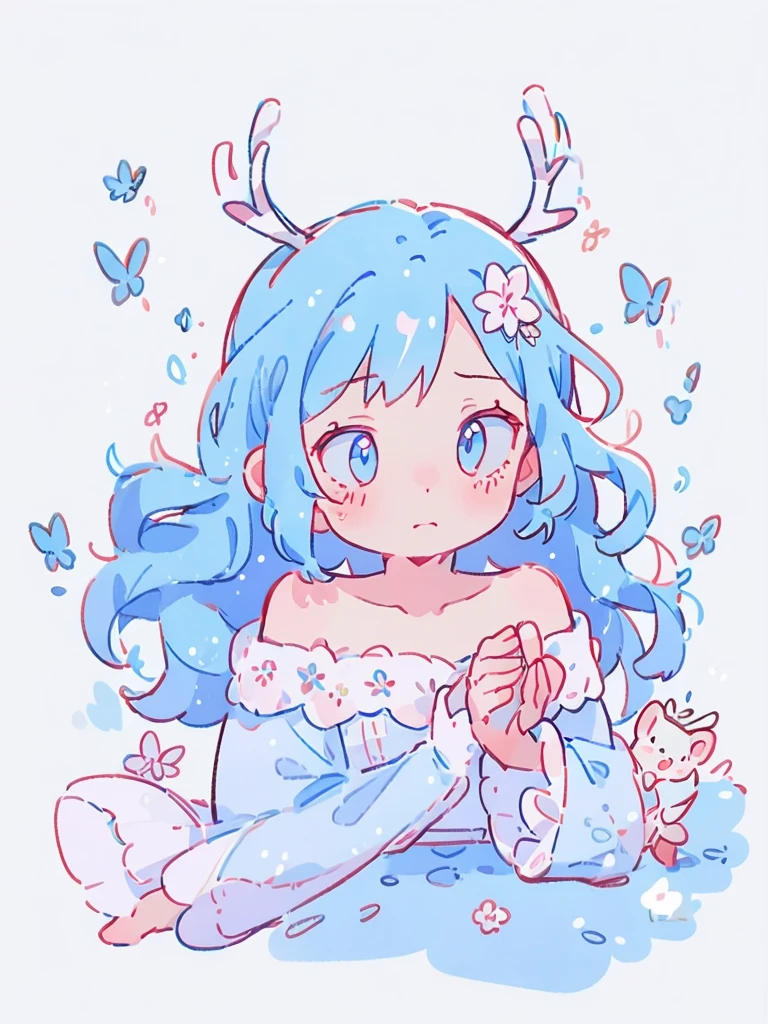 bust-up, 1girl, long wavy tosca blue hair, deer ears, white deer antlers, butterfly hair ornament, blue flower, elegant white off shoulder dress, teaseful expression, splash background, solo, sketch, portrait, simple background