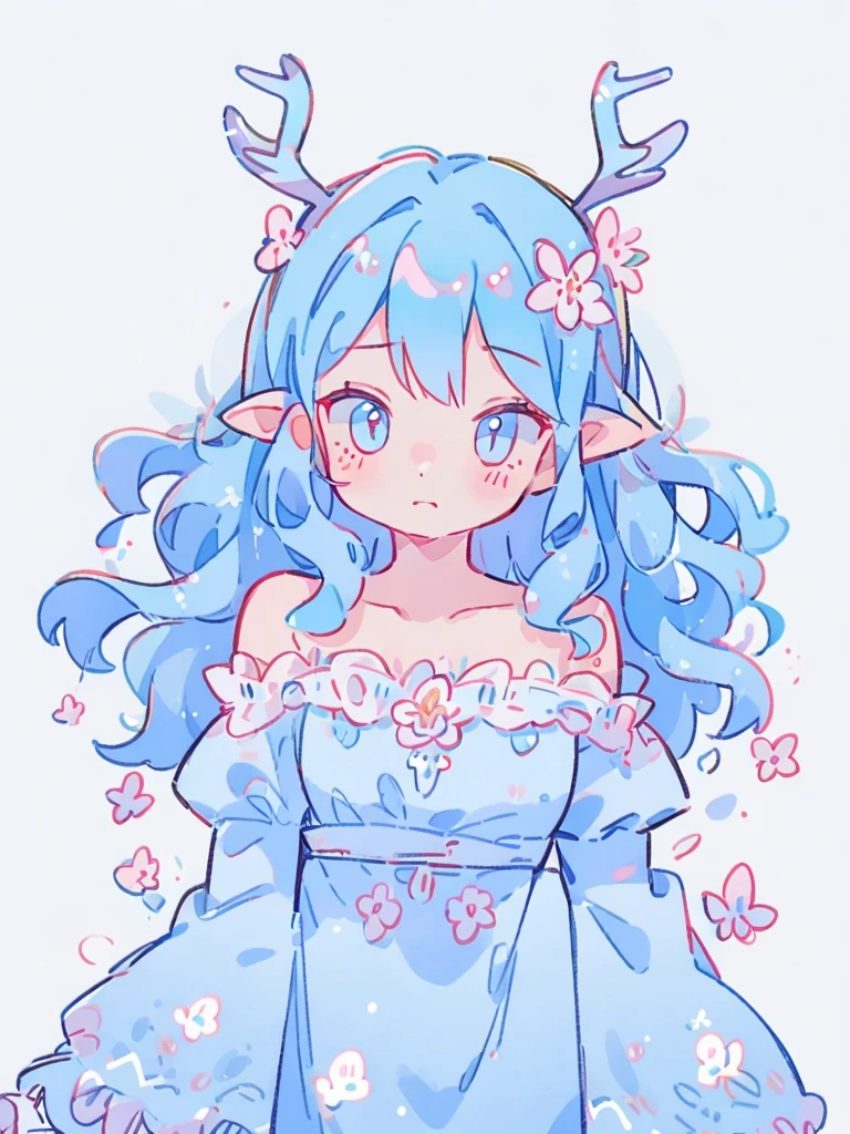 bust-up, 1girl, long wavy tosca blue hair, deer ears, white deer antlers, butterfly hair ornament, blue flower, elegant white off shoulder dress, teaseful expression, splash background, solo, sketch, portrait, simple background