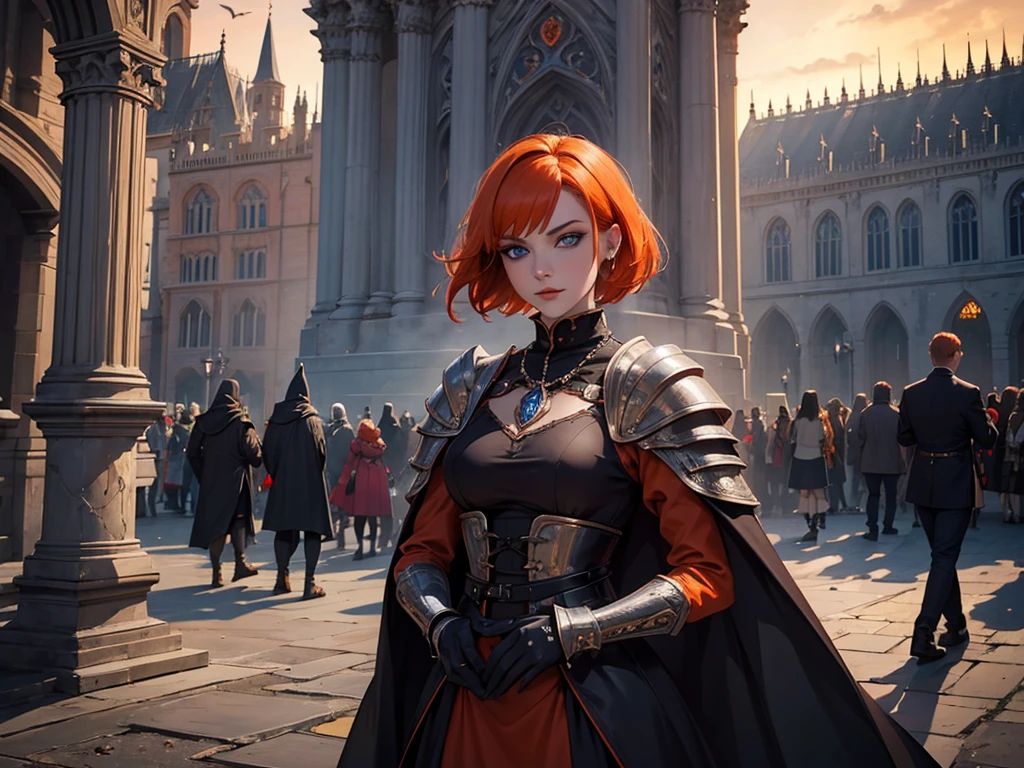 A beautiful and wonderful vampire woman, extremely detailed, short orange hair, wearing extremely detailed gothic armor, blue eyes in medieval public square, palace, crepúsculo, 8k, linda, sacerdotisa, crepúsculo, entardecer, vampira.