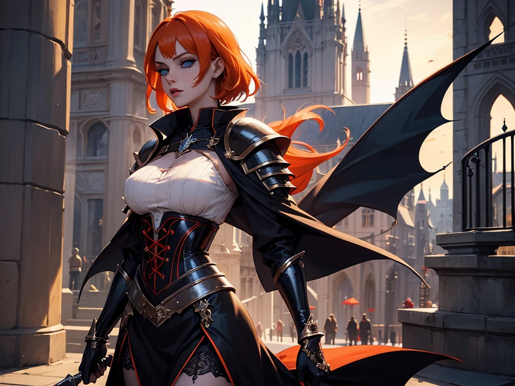 A beautiful and wonderful vampire woman, extremely detailed, short orange hair, wearing extremely detailed gothic armor, blue eyes in medieval public square, palace, crepúsculo, 8k, linda, sacerdotisa, crepúsculo, entardecer, vampira.