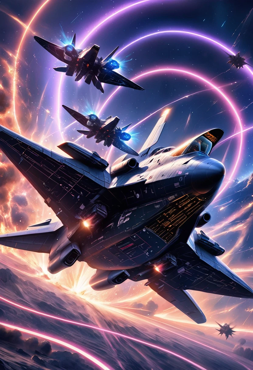 A vast and epic space battle, The future spacecraft is involved in fierce interstellar, Explosions and energy beams illuminate the dark space, Fighter pilots precise control, Dramatic scenes of cosmic war, Rich in details,Lifelike, The art of math, Pastel tones with neon lights, Dramatic lighting and contrast, Moody and atmospheric