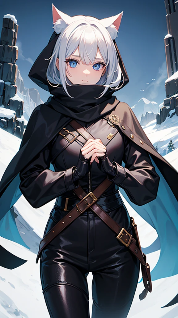 work of art, best qualityer, high resolution, 1 girl, synonym 1, scarf, short hair, mitts, ninja mask, long sleeves, leather pants, White hair, Cat's ears, cat tail, Rougue clothes, leather pants, holding, holding faca, bangs over one eye, bangs covering one eye, long bangs, blue eyes, 14 eyes old, hooded cloak, rogue rpg, rpg, ninja, ruins, medioval