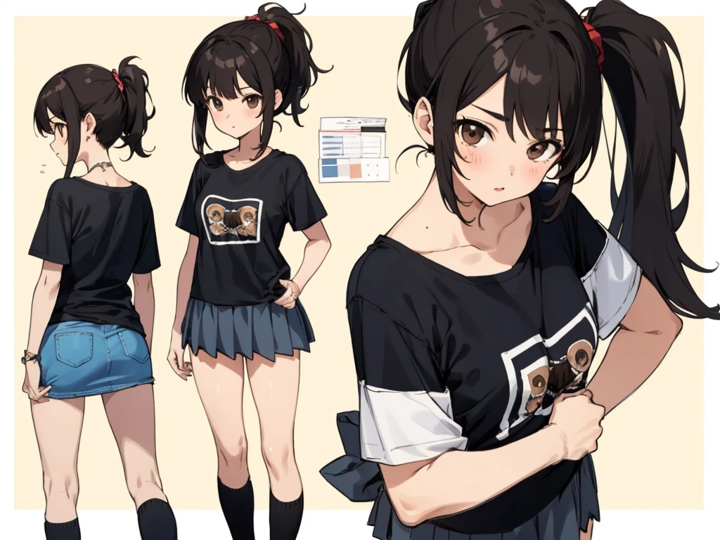 1girl, black hair, brown eyes, ponytail, t-shirt, micro mini skirt, character sheet, masterpiece, best quality, super detail