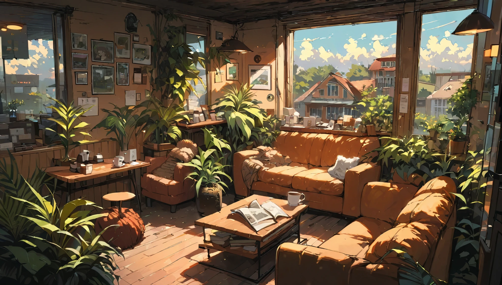 ((anime:1.4,illustration)),(masterpiece, top quality, best quality),(ultra-detailed, absolutely resolution),((16k, high res)), (((cafe, house plant, morning sky, book, coffee table, sofa)) ((cozy lofi illustration:1.4)), ((anime:1.4, illustration)),(masterpiece, top quality, best quality),(ultra-detailed, absolutely resolution),((16k, high res)) BREAK {lofi art, style of Laurie Greasley, style of Makoto Shinkai, anime aesthetic}, BREAK { (produces images with information than 40 million pixels with cinematic-like detailed textures shot on a Sony SLR).}