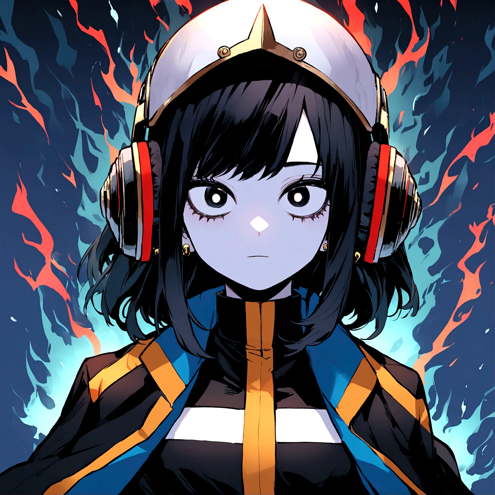 pale girl,black and haggard eyes,long black hair,My Hero Academia uniform,ear piercings,mysterious aura,helmet headphones on his shoulders,