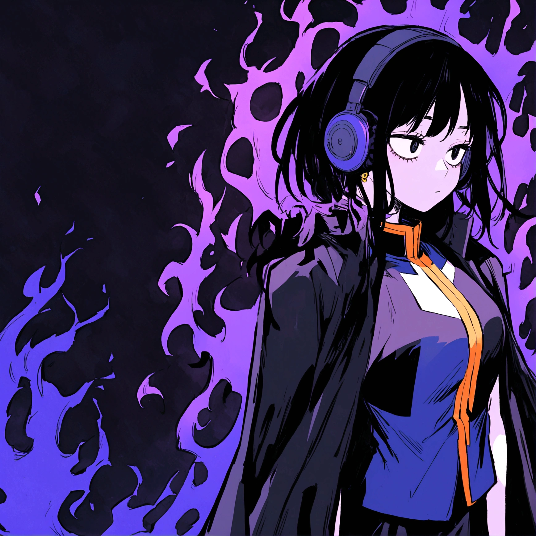 pale girl,black and haggard eyes,long black hair,My Hero Academia uniform,ear piercings,mysterious aura,helmet headphones on his shoulders,