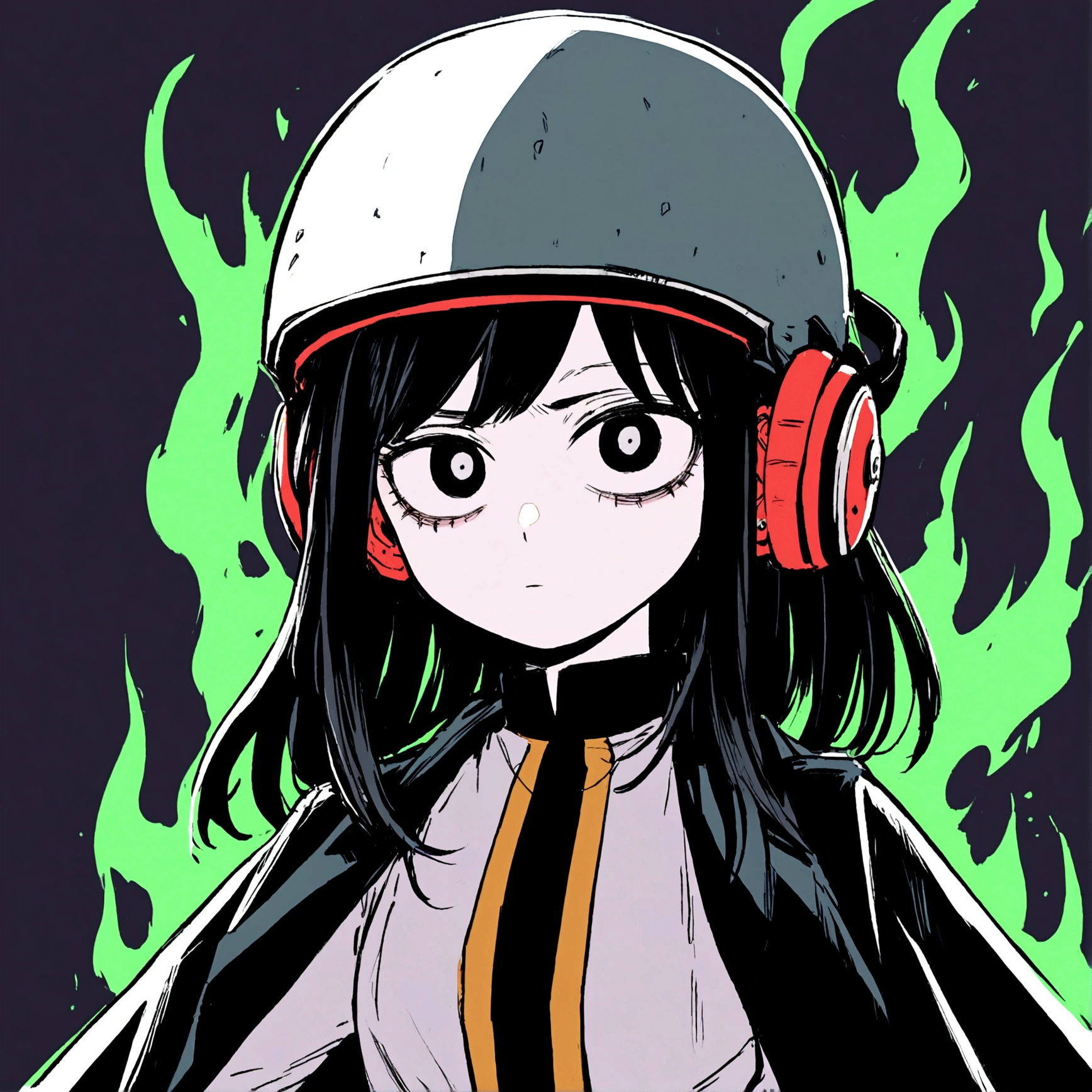 pale girl,black and haggard eyes,long black hair,My Hero Academia uniform,ear piercings,mysterious aura,helmet headphones on his shoulders,