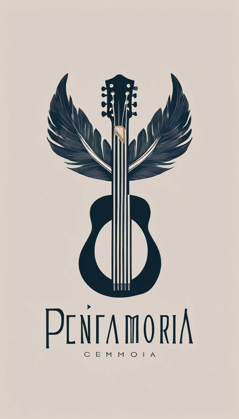 A minimal, modern, simple, cinematic logotype for the brand “Penamemoria". The logotype must be a simple, magical feather and a boy playing acoustic guitar. The logo must convey a sense of music, stories and dreams. Logo design impressed on a book cover. Minimalistic logo