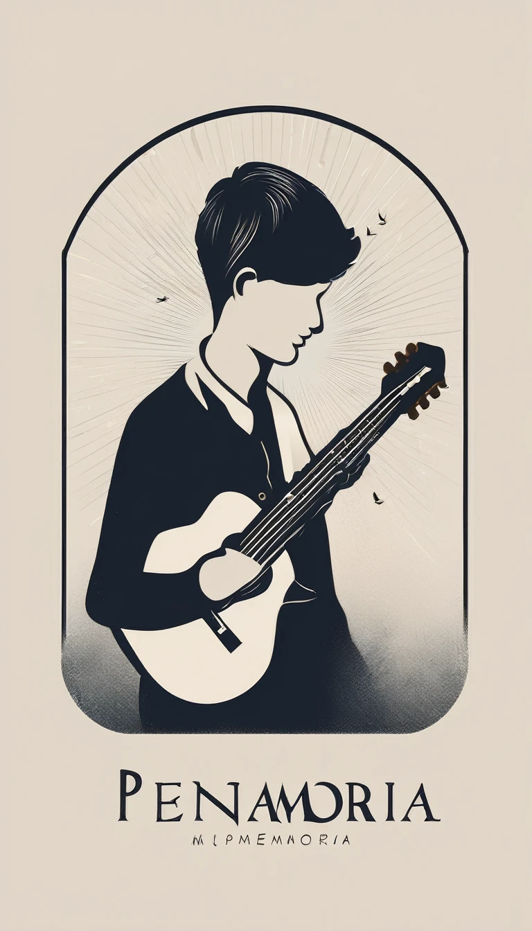 A minimal, modern, simple, cinematic logotype for the brand “Penamemoria". The logotype must be a simple, magical feather and a boy playing acoustic guitar. The logo must convey a sense of music, stories and dreams. Logo design impressed on a book cover. Minimalistic logo