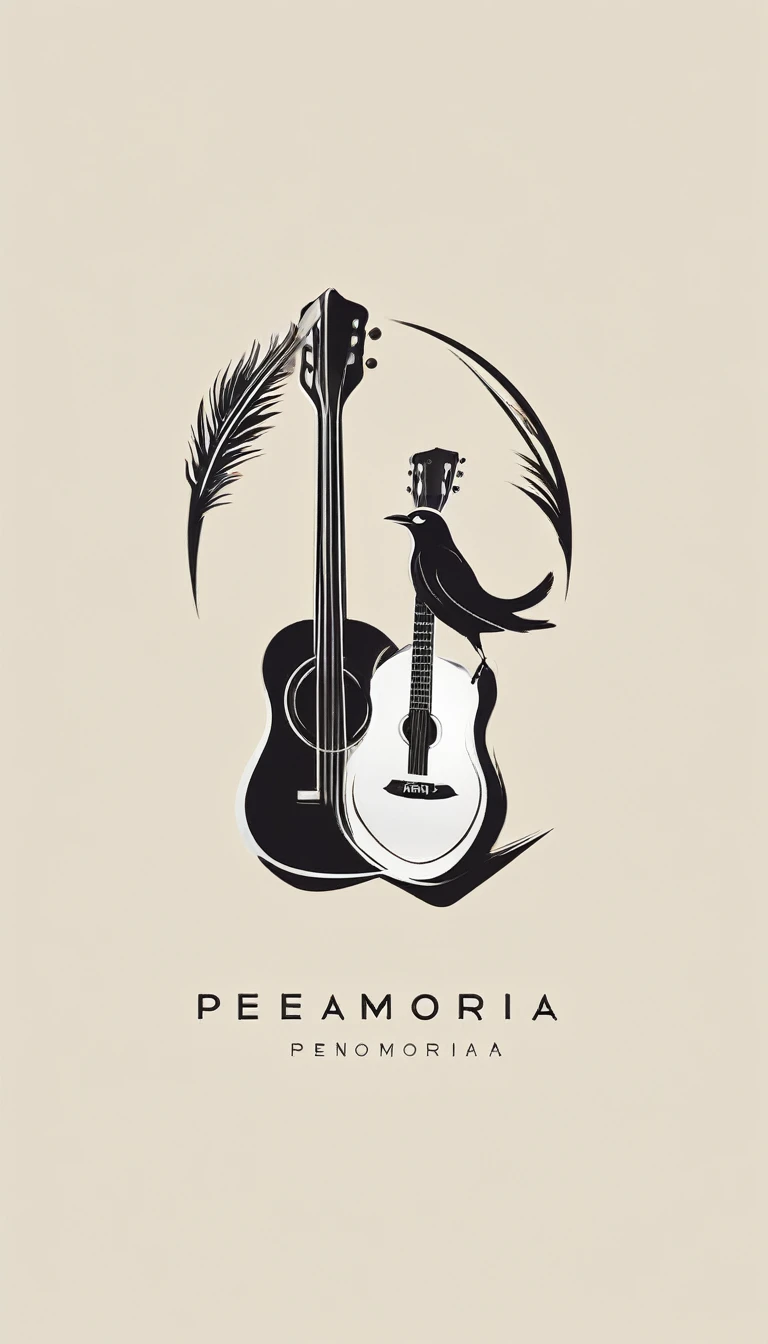 A minimal, modern, simple, cinematic logotype for the brand “Penamemoria". The logotype must be a simple, magical feather and a boy playing acoustic guitar. The logo must convey a sense of music, stories and dreams. Logo design impressed on a book cover. Minimalistic logo