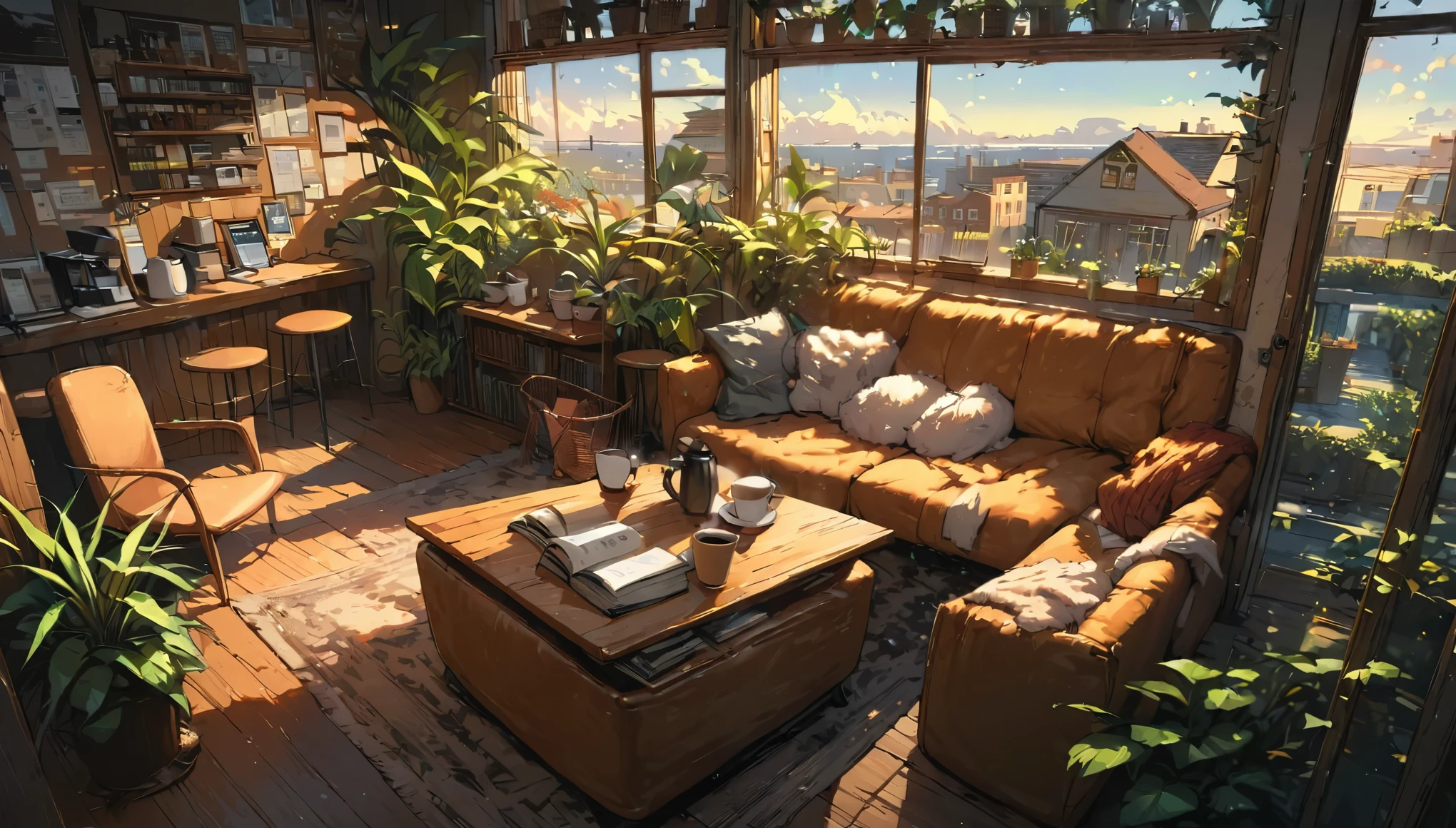 ((anime:1.4,illustration)),(masterpiece, top quality, best quality),(ultra-detailed, absolutely resolution),((16k, high res)), (((cafe, house plant, morning sky, book, coffee table, sofa)) ((cozy lofi illustration:1.4)), ((anime:1.4, illustration)),(masterpiece, top quality, best quality),(ultra-detailed, absolutely resolution),((16k, high res)) BREAK {lofi art, style of Laurie Greasley, style of Makoto Shinkai, anime aesthetic}, BREAK { (produces images with information than 40 million pixels with cinematic-like detailed textures shot on a Sony SLR).}
