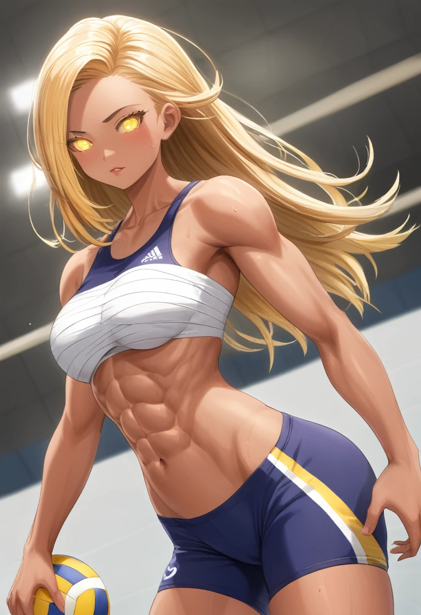 Prompt 

detailed illustration, (front view), (side view),dynamic angle, ultra-detailed, illustration, clean line art, shading, anime, detailed eyes, detailed face, beautiful face, dramatic lighting, detailed illustration, dynamic angle, ultra-detailed, illustration, single woman 

Fit, toned abs, ((volleyball shorts)), ((fundoshi breast wrap)), volleyball player, big round ass, big tits, caramel tan skin, dark skin tone, wide hips, narrow waist, thunder thighs, (blazing blonde hair), (glowing eyes), glowing sclera, muay thai wraps, small strong biceps, sweat, ((bandaged breasts))