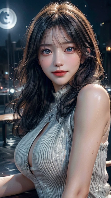 (Logo, masterpiece, 8K, On the table, original photo, wonderful, 最high quality, Realistic and detailed CG composite 8k wallpaper, high quality, Very detailed, Narrative Poems, Particle Effects, dynamic effect, Depth of border, light, lens flare, Ray Tracing),  High Detail Skin, (very good, Fine skin texture, Intricate details, Pretty Face, (Realistic face), Realistic eyes, Beautifully detailed eyes, Realistic skin, Beautiful skin, Surreal, Very detailed的黄金比例, Smiling eyes, ((Night moonlight background) )), Body portrait, Large Breasts, Huge breasts, Nipples showing through clothes,show your nipples , Glamorous, Sexy knitted dress, Upper body photo