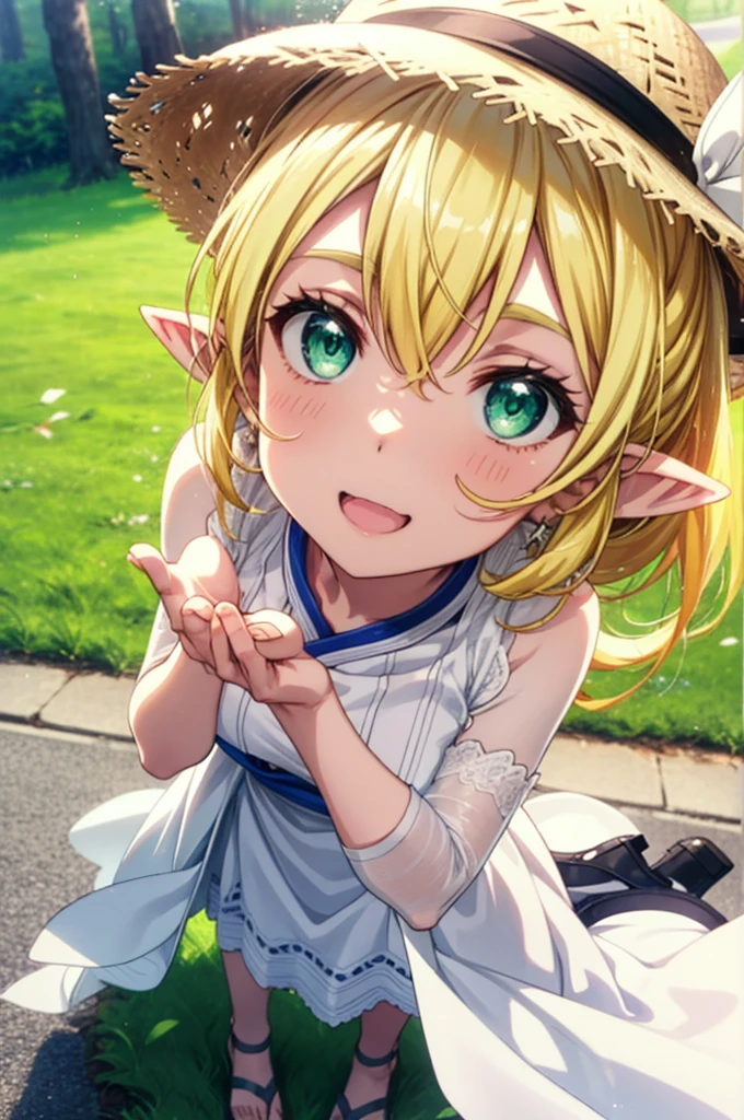 Suguhakirigaya, Suguhakirigaya, Long Hair,Blonde,Green Eyes,Pointy Ears,happy smile, smile, Open your mouth,Big Breasts,White straw hat,White sleeveless dress, bare arms,Green long skirt,Cute Sandals,Are standing,Clear skies,whole bodyがイラストに入るように,
break outdoors, nature, forest, 
break looking at viewer, whole body,
break (masterpiece:1.2), Highest quality, High resolution, unity 8k wallpaper, (shape:0.8), (Beautiful attention to detail:1.6), Highly detailed face, Perfect lighting, Extremely detailed CG, (Perfect hands, Perfect Anatomy),