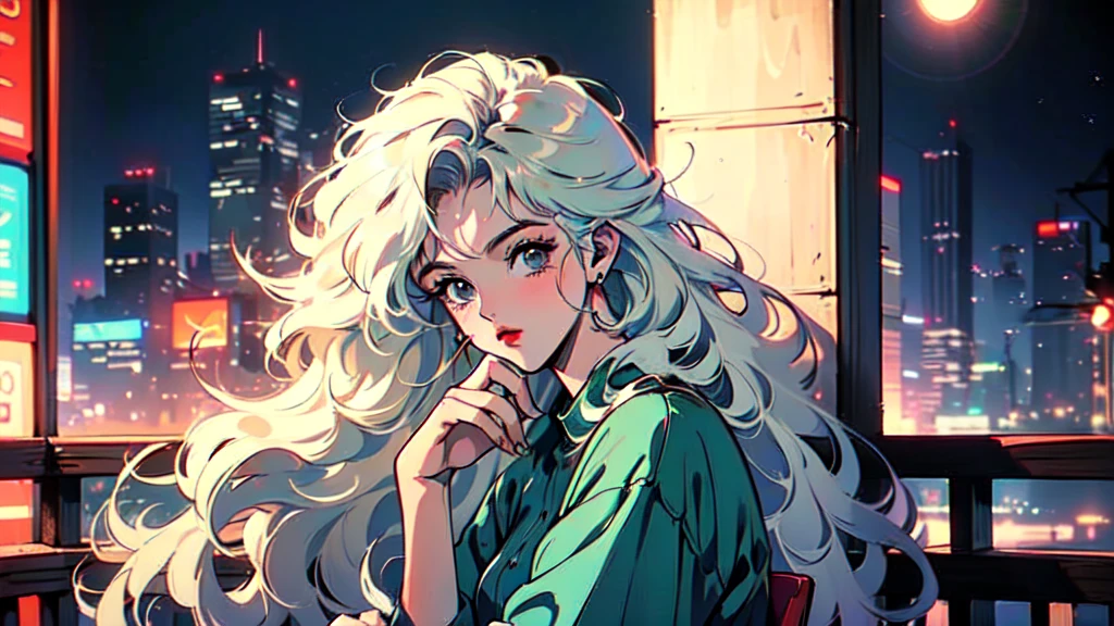 (80's, Retro, City Pop:1.5), (Album cover), (masterpiece, Highest quality, Exquisite detail), (anime, figure), (pastel colour:1.3), Best Photo Poses, Dynamic Angle,girl, alone, cool, Delicate face, Wearing sunglasses, Blonde Hair, Cityscape, City of night,