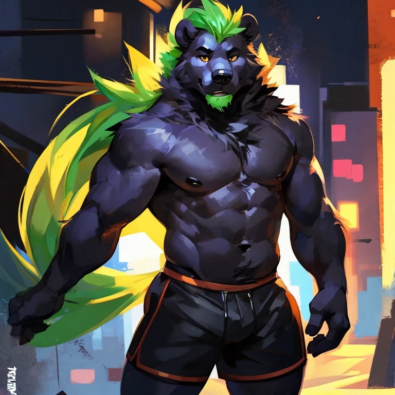 Medium muscular, black bear, shirtless, in black shorts, Amber eyes, bluish-green mane, bluish-black fur, cream-white fur, By mystikfox61