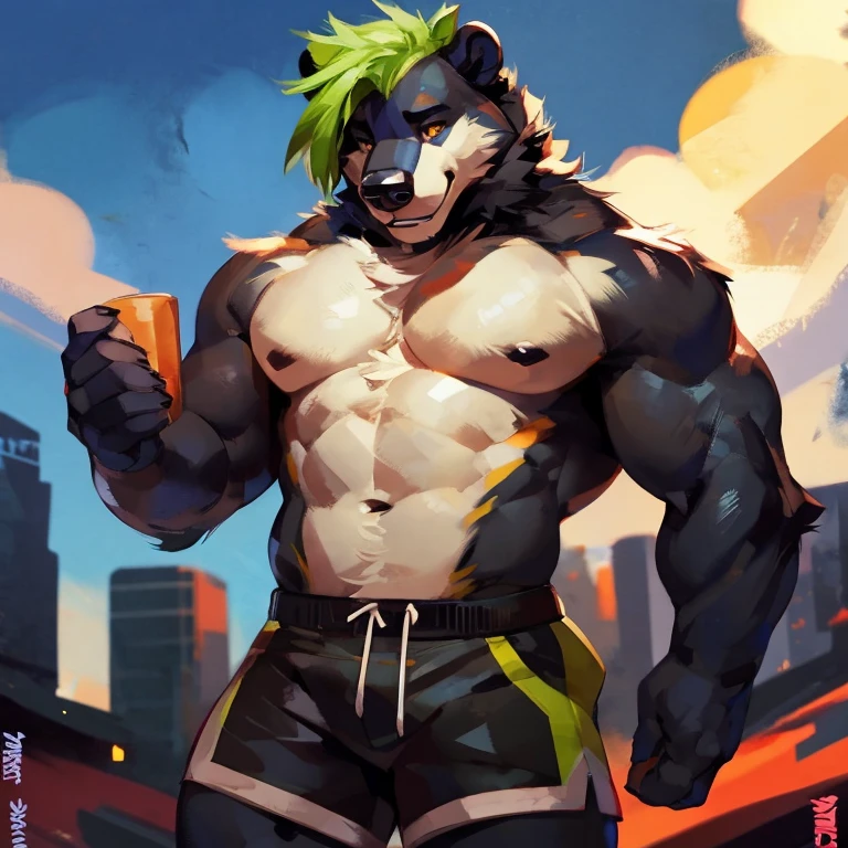 Medium muscular, black bear, shirtless, in black shorts, Amber eyes, bluish-green mane, bluish-black fur, cream-white fur, By mystikfox61