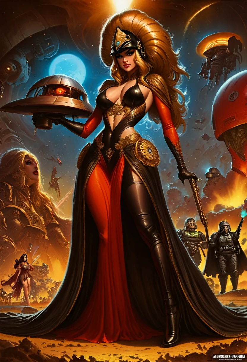 Future Sci-Fi Space War,A woman wearing a helmet, Stephen Hickman, Beautiful vintage art, Mars Attacks, Gilded Lotus Princess, Published in cgsociety, The Last Day of the Universe, Queen of Persia, Kirill Leonov, By Jason A. Engel, Barbarela