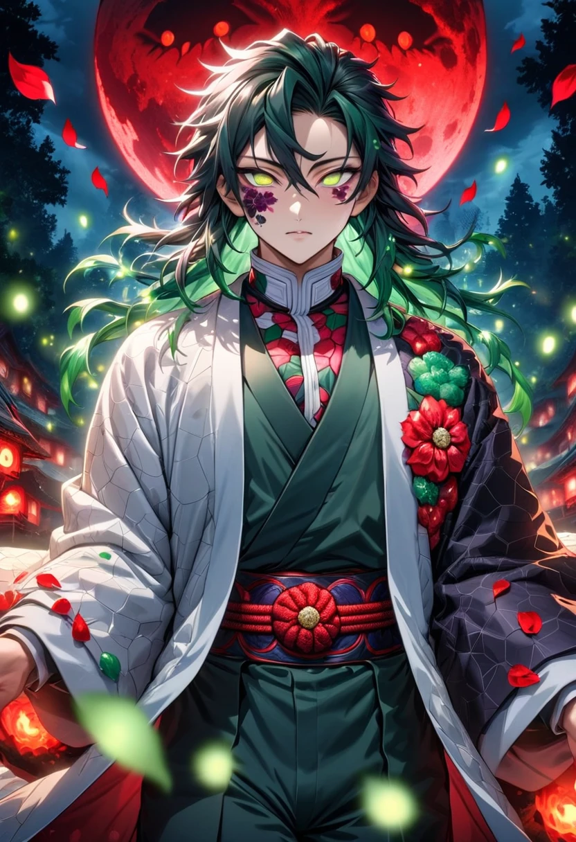 Ultra detailed, highres, absurdres, HDR, master piece, Saisei uchida, dark green hair, expressive golden eyes with white small pupil, white haori with patters of demonic, black kimuno with dark flower patterns, Kimetsu No Yaiba, fantasy, petals, red flowers, handsome, sexy man using blood demon art, solo, magic, shining blue and green fireflies, red moon, best quality, extremely detailed face and eyes, spirit, forest, four dark yellow petals attached to his hair
Waiting to start