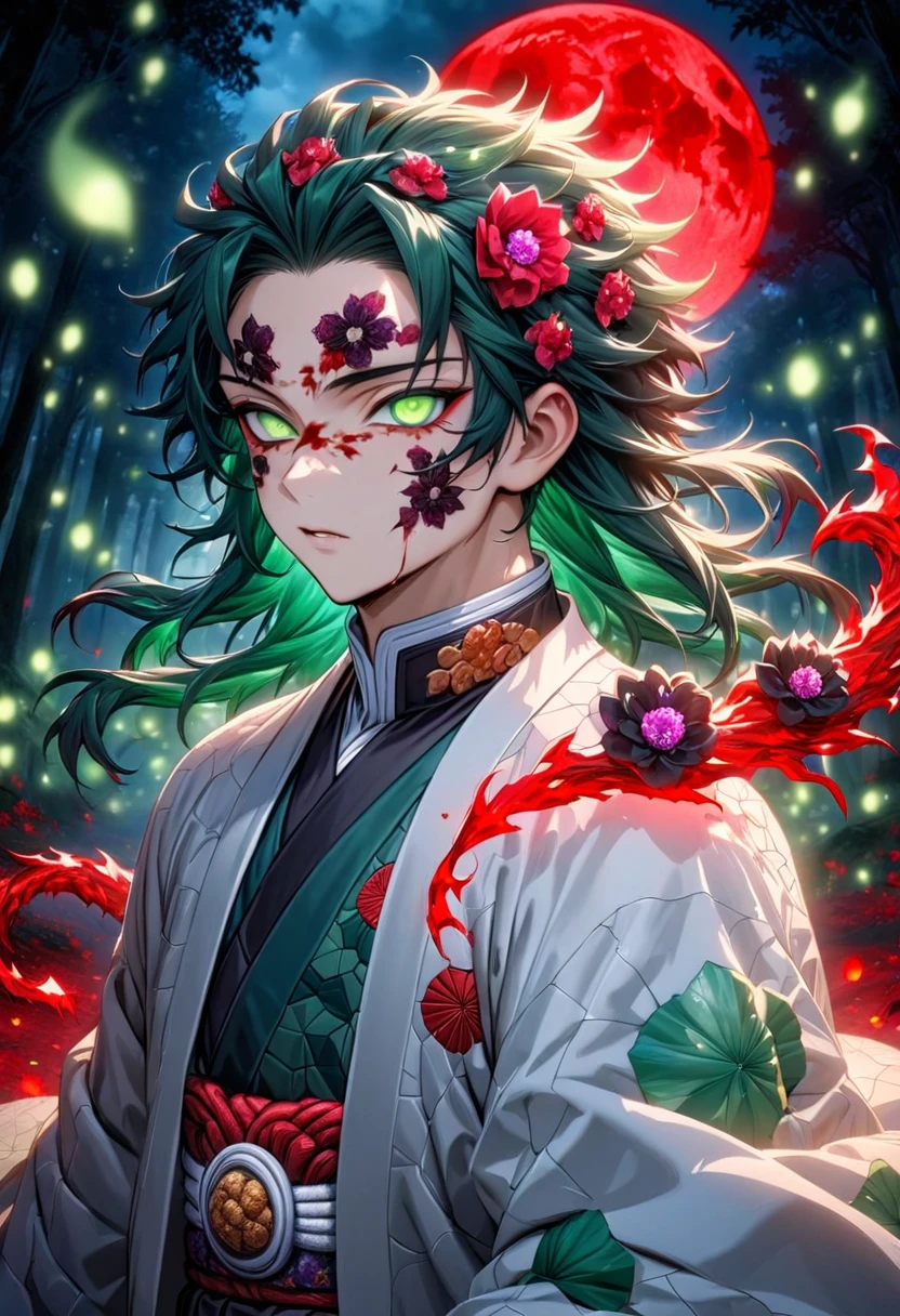 Ultra detailed, highres, absurdres, HDR, master piece, Saisei uchida, dark green hair, expressive golden eyes with white small pupil, white haori with patters of demonic, black kimuno with dark flower patterns, Kimetsu No Yaiba, fantasy, petals, red flowers, handsome, sexy man using blood demon art, solo, magic, shining blue and green fireflies, red moon, best quality, extremely detailed face and eyes, spirit, forest, four dark yellow petals attached to his hair
Waiting to start 
