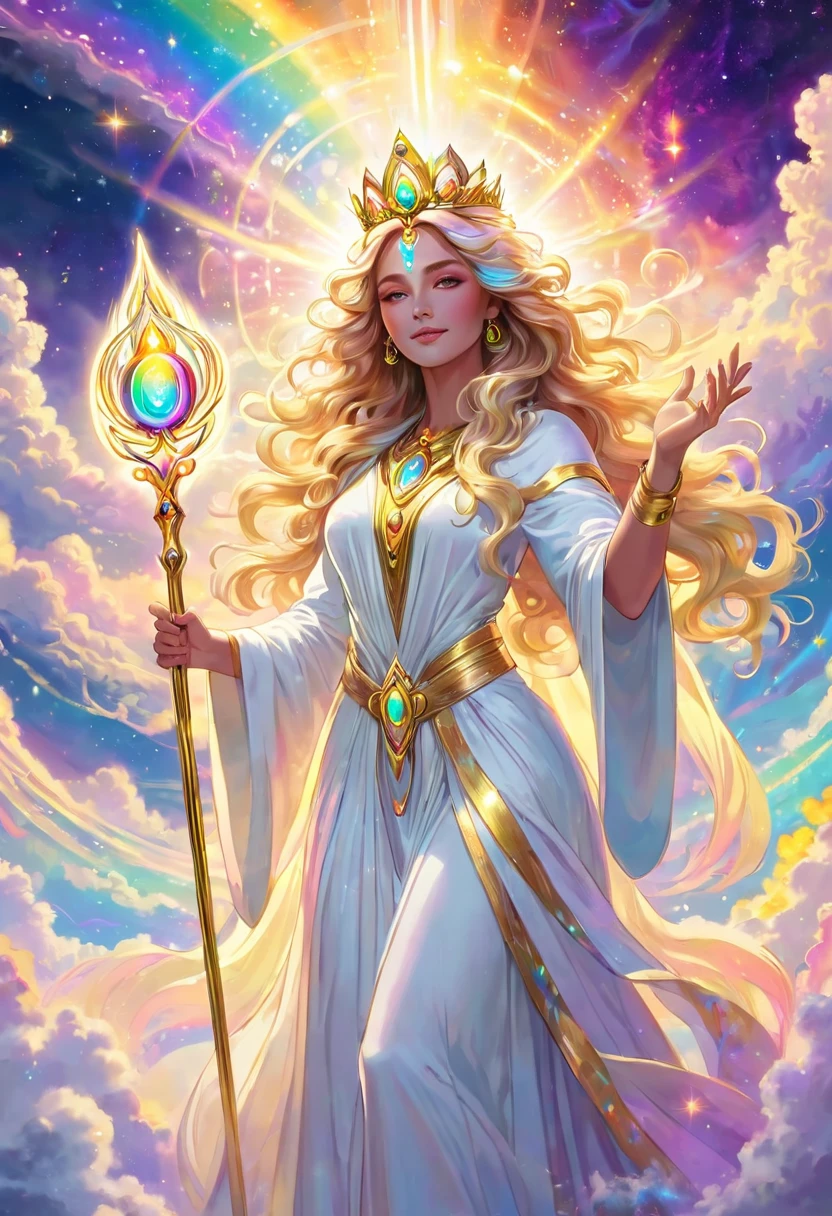 Goddess with a golden staff, crown, white robe, glowing aura, long hair with waves, cosmic color, close-up, she has both palms up, above the clouds, pastel rainbow light, goddess chakra is shining brightly