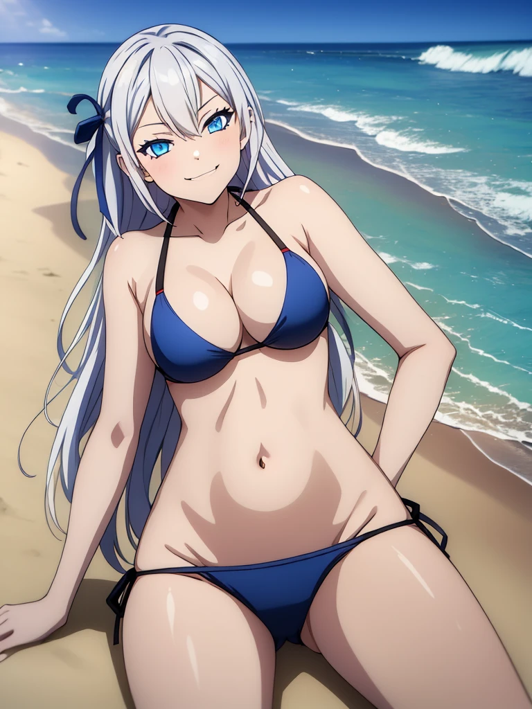 1girl, alya, white hair, long hair, hair ribbon, blue eyes, bikini,, in all four, smug face, beach, anime style