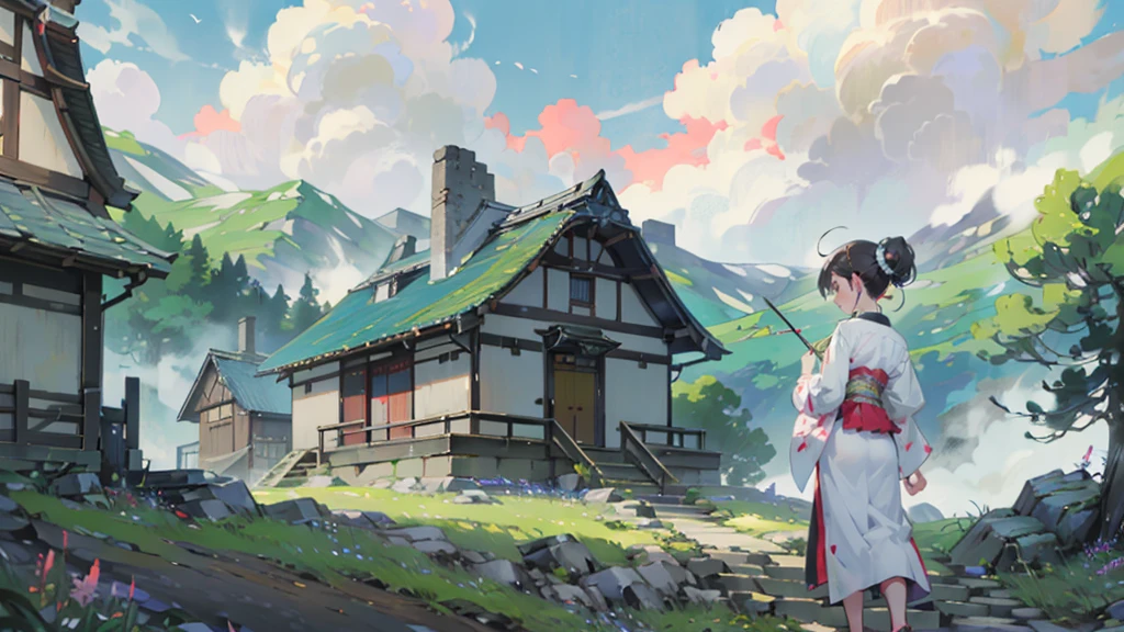 masterpiece, 1girl, A beautiful woman in traditional Japanese attire, viewed from slightly behind, with a serene and gentle smile. She has a chignon updo hairstyle adorned with flowers and traditional hair accessories. The background features a mystical, foggy mountain landscape with soft sunlight filtering through the mist. The overall atmosphere is serene and captivating, emphasizing the beauty and elegance of the traditional attire and the peaceful natural setting.