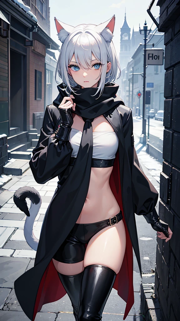 work of art, best qualityer, high resolution, 1 girl, synonym 1, 1eye, scarf, short hair, mitts, ninja mask, long sleeves, leather pants, White hair, Cat's ears, cat tail, Rougue clothes, leather pants, holding, holding faca, bangs over one eye, bangs covering one eye, long bangs, blue eyes, 14 eyes old, hooded cloak, rogue rpg, rpg, ninja, ruins, medioval