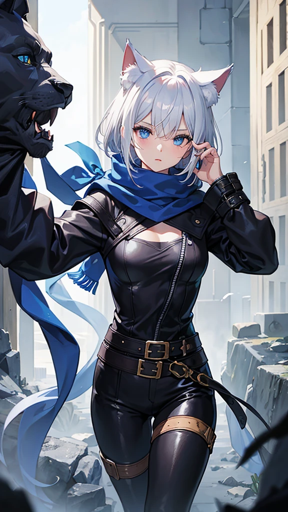 work of art, best qualityer, high resolution, 1 girl, synonym 1, 1eye, scarf, short hair, mitts, ninja mask, long sleeves, leather pants, White hair, Cat's ears, cat tail, Rougue clothes, leather pants, holding, holding faca, bangs over one eye, bangs covering one eye, long bangs, blue eyes, 14 eyes old, hooded cloak, rogue rpg, rpg, ninja, ruins, medioval