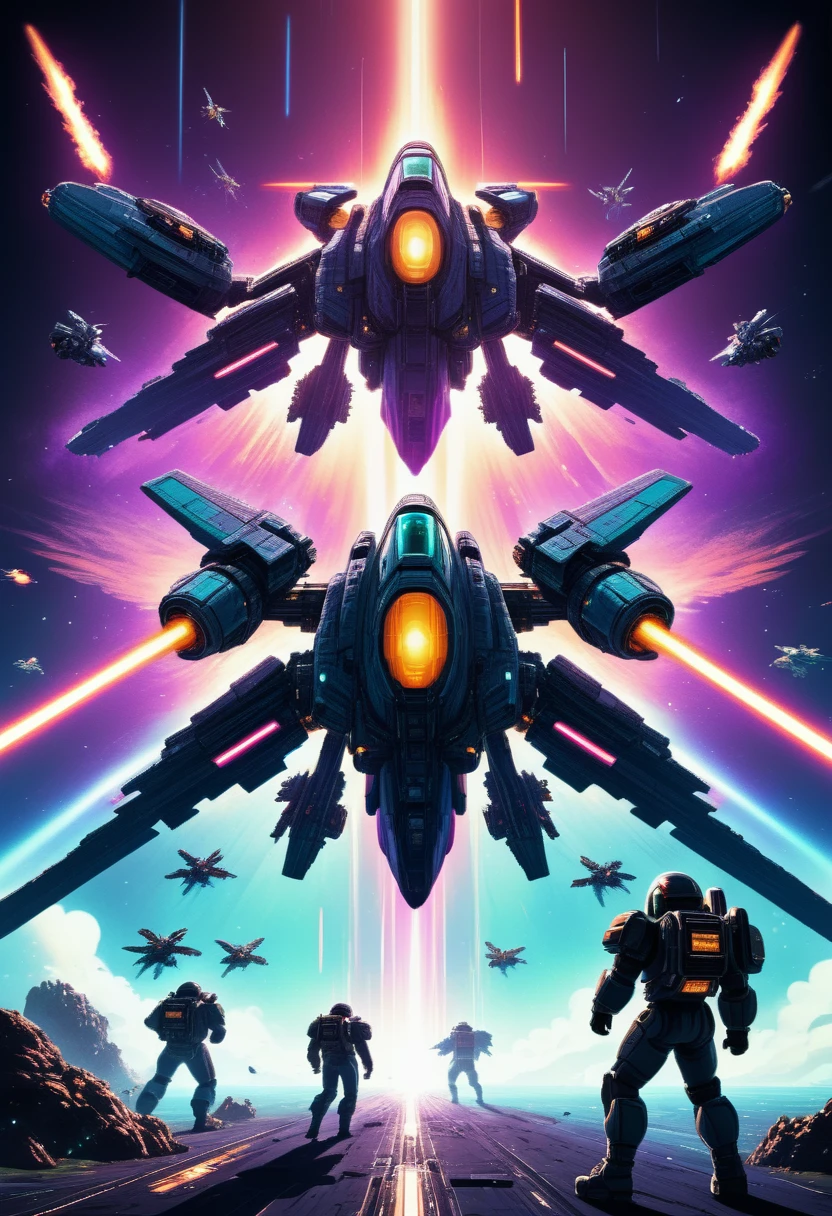 8k, high quality, futuristic space battle, intense space combat, retro 8-bit pixel art, powerful visual effects, cinematic lighting, dynamic camera angles, vivid color palette, deep shadows, neon glow, mechanical designs, intricate details, digital art, sci-fi, concept art