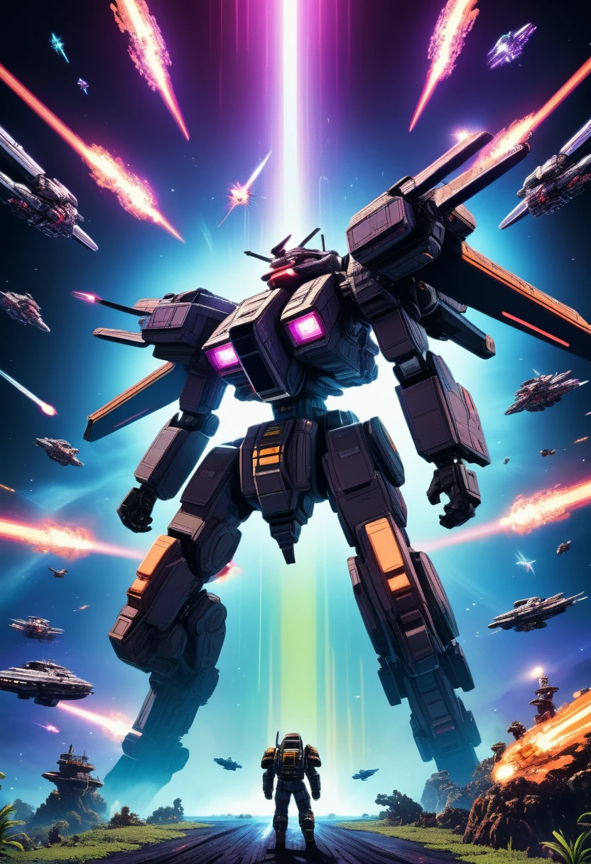 8k, high quality, futuristic space battle, intense space combat, retro 8-bit pixel art, powerful visual effects, cinematic lighting, dynamic camera angles, vivid color palette, deep shadows, neon glow, mechanical designs, intricate details, digital art, sci-fi, concept art