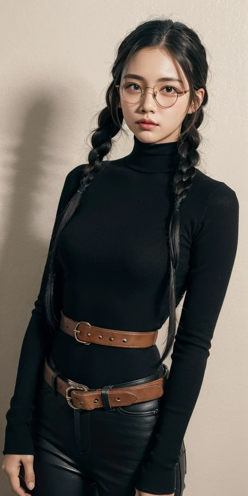 masterpiece, high quality cg, anime, illustration, best quality, 1girl, bound, bondage, beautiful face, detailed face, cowboy shot, dokkaebi, 1girl, solo, looking at viewer, black hair, braid, glasses, black gloves, belt, pants, black eyes, twin braids, streaked hair, black headwear, bodysuit, black pants, round eyewear, black bodysuit, beanie, hair behind ear,