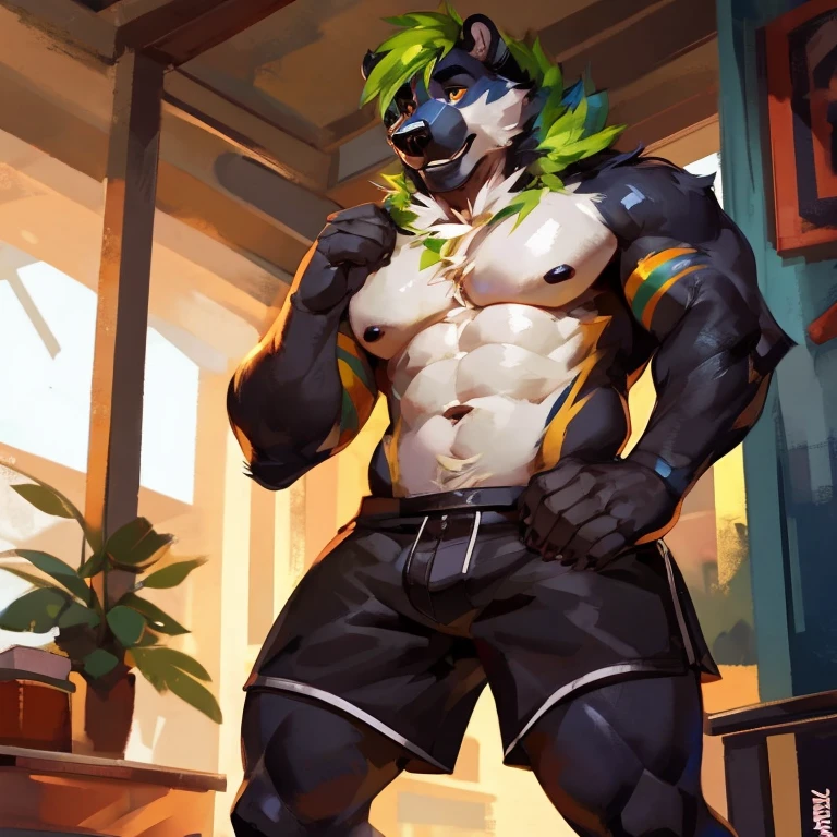Medium muscular, black bear, shirtless, in black shorts, Amber eyes, bluish-green mane, bluish-black fur, cream-white fur, By mystikfox61