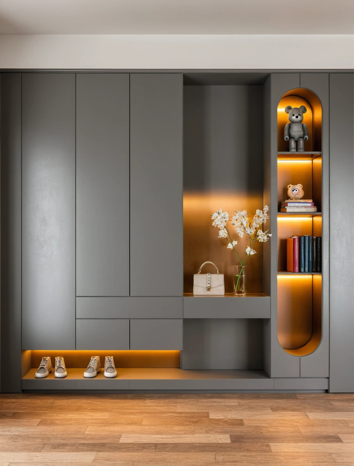 Raw photo,Masterpiece, high quality, best quality, authentic, super detail, interior, shoes Cabinet style modern luxury, decorative cabinets, flower vases, decorations, books, wooden floor, handbags, shoes, bearbrick, (daylight:1.1), vivid colour, (realistic:1.2), ((tones Gray))