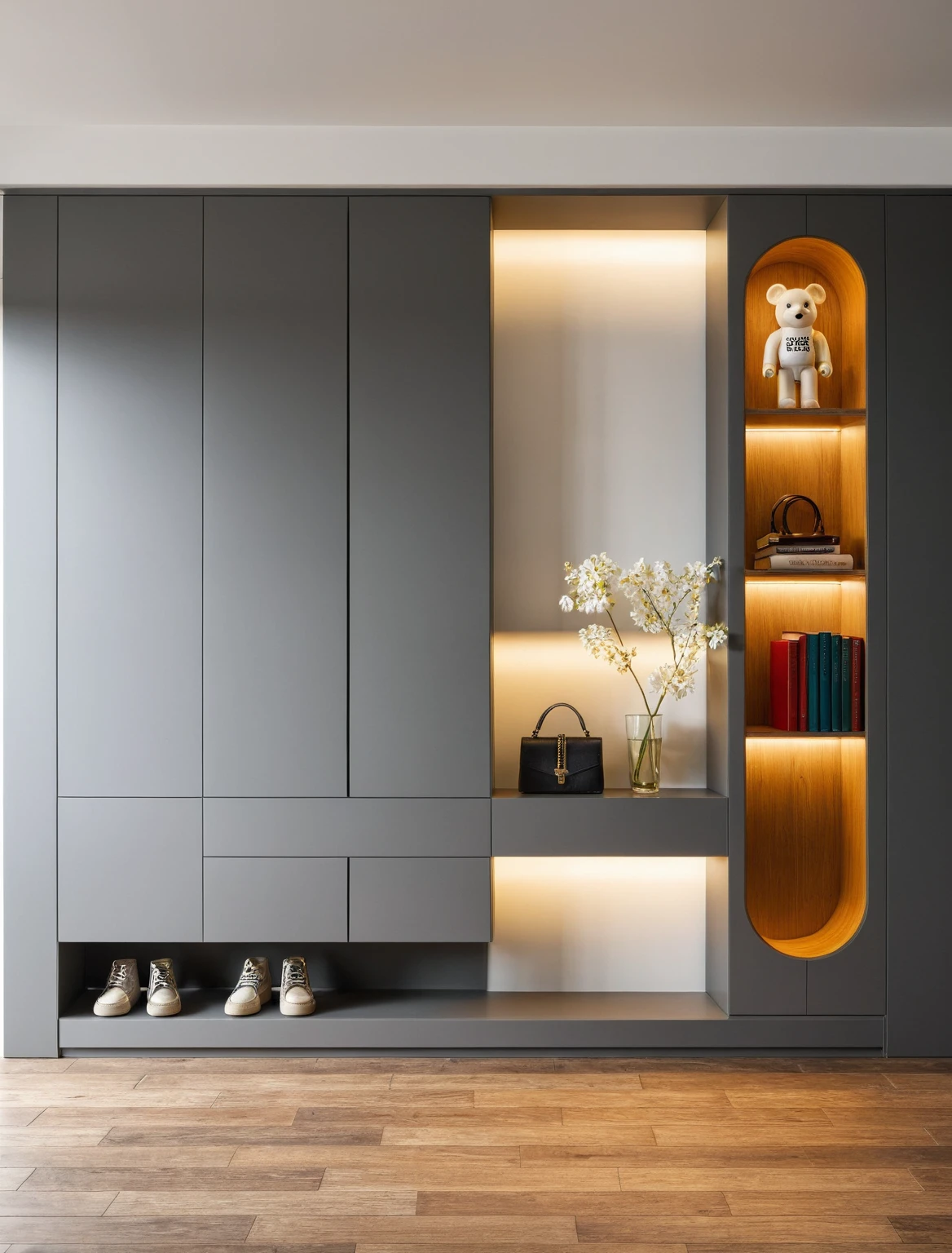 Raw photo,Masterpiece, high quality, best quality, authentic, super detail, interior, shoes Cabinet style modern luxury, decorative cabinets, flower vases, decorations, books, wooden floor, handbags, shoes, bearbrick, (daylight:1.1), vivid colour, (realistic:1.2), ((tones Gray))