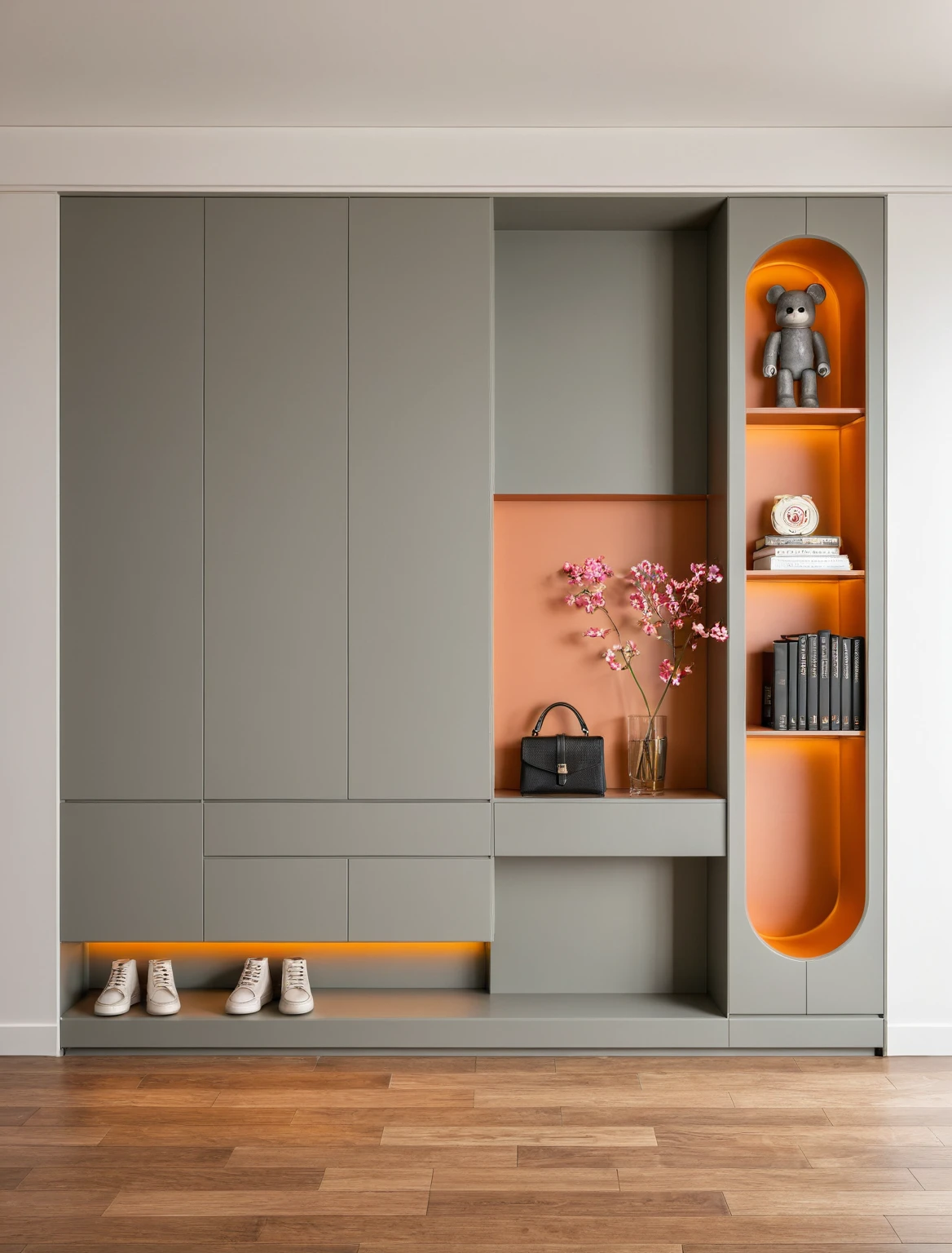Raw photo,Masterpiece, high quality, best quality, authentic, super detail, interior, shoes Cabinet style modern luxury, decorative cabinets, flower vases, decorations, books, wooden floor, handbags, shoes, bearbrick, (daylight:1.1), vivid colour, (realistic:1.2), ((tones Gray))