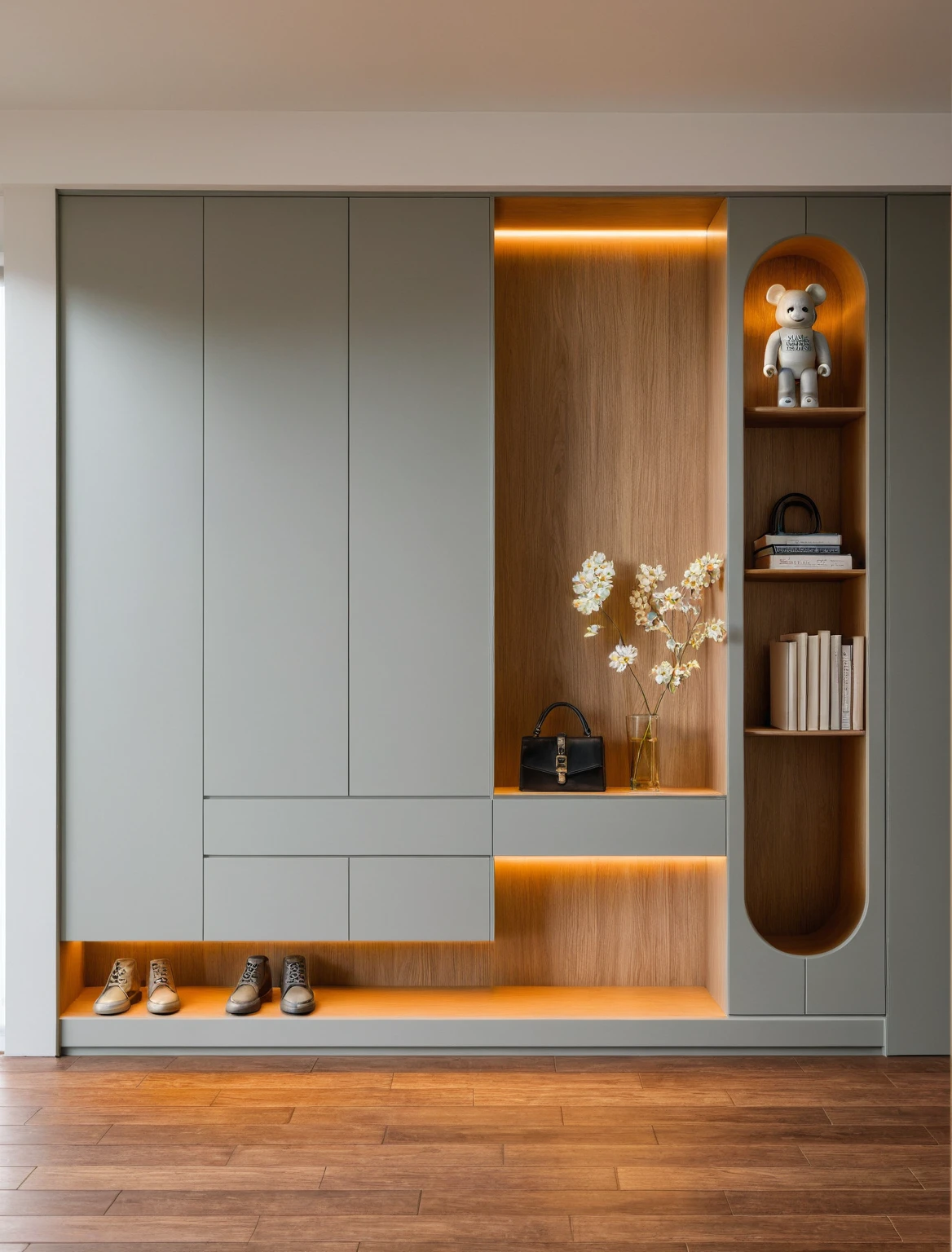 Raw photo,Masterpiece, high quality, best quality, authentic, super detail, interior, shoes Cabinet style modern luxury, decorative cabinets, flower vases, decorations, books, wooden floor, handbags, shoes, bearbrick, (daylight:1.1), vivid colour, (realistic:1.2), ((tones Gray))