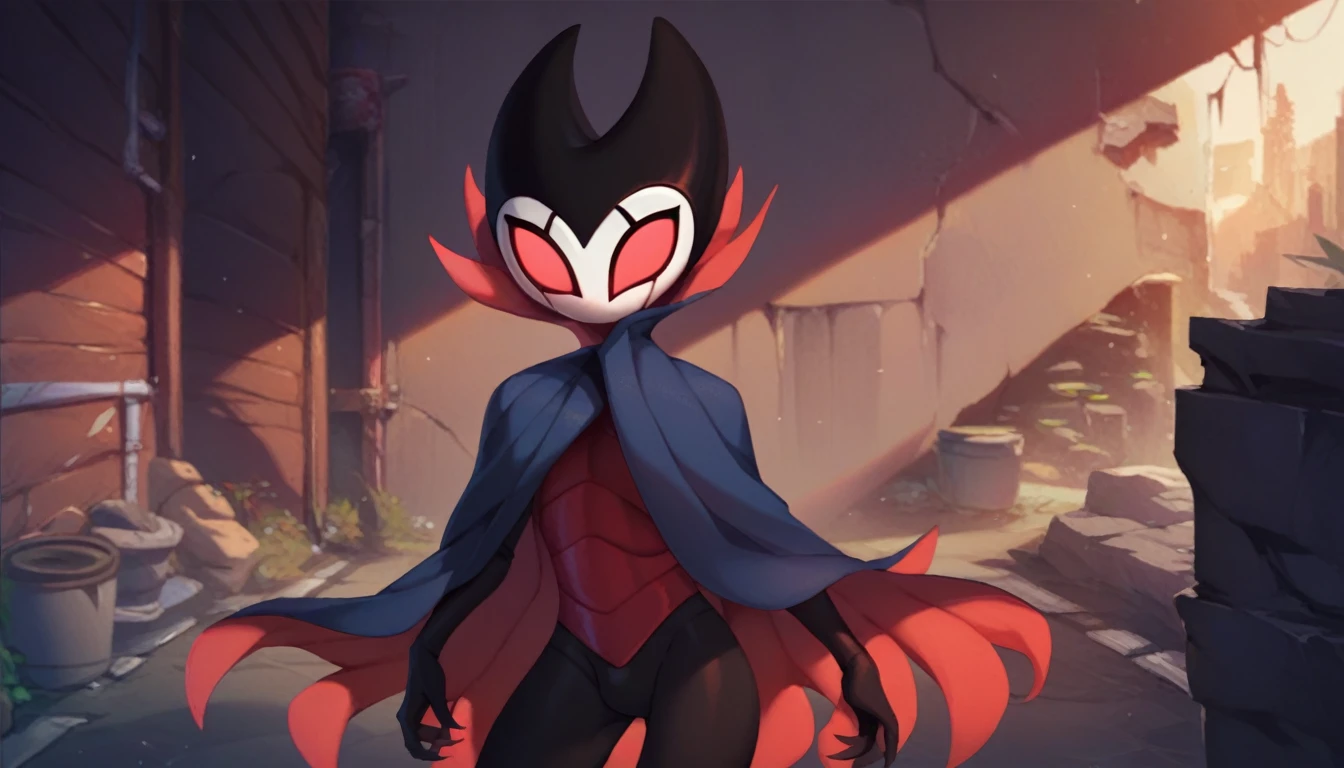 score_9, score_8_up, score_7_up, score_6_up, zPDXL2, grimm \(hollow knight\), vampire, bat, 1boy, solo, cute face, detailed eyes, landscape, outdoor, anthro, (solo portrait), (front view), clothed, highlight thighs, (dynamic poses), alley 