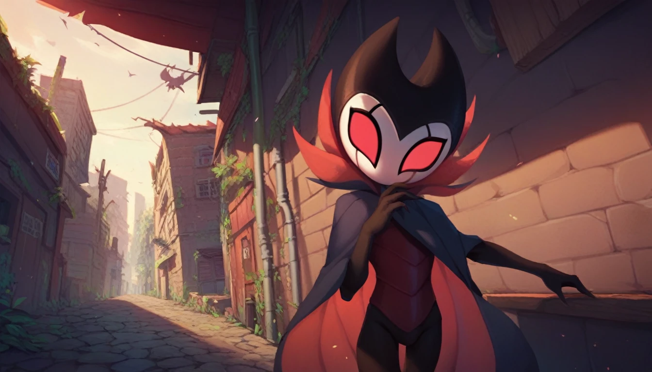 score_9, score_8_up, score_7_up, score_6_up, zPDXL2, grimm \(hollow knight\), vampire, bat, 1boy, solo, cute face, detailed eyes, landscape, outdoor, anthro, (solo portrait), (front view), clothed, highlight thighs, (dynamic poses), alley 