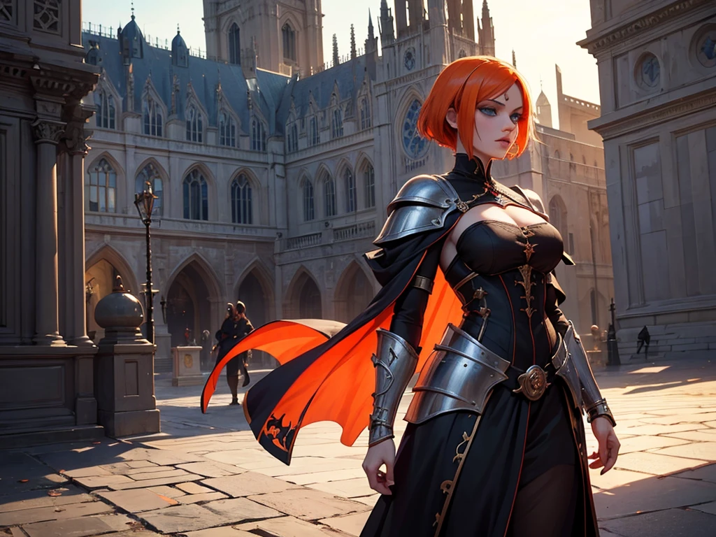 A beautiful and wonderful vampire woman, extremely detailed, short orange hair, wearing extremely detailed gothic armor, blue eyes in medieval public square, palace, crepúsculo, 8k, linda, sacerdotisa, crepúsculo, entardecer, vampira.