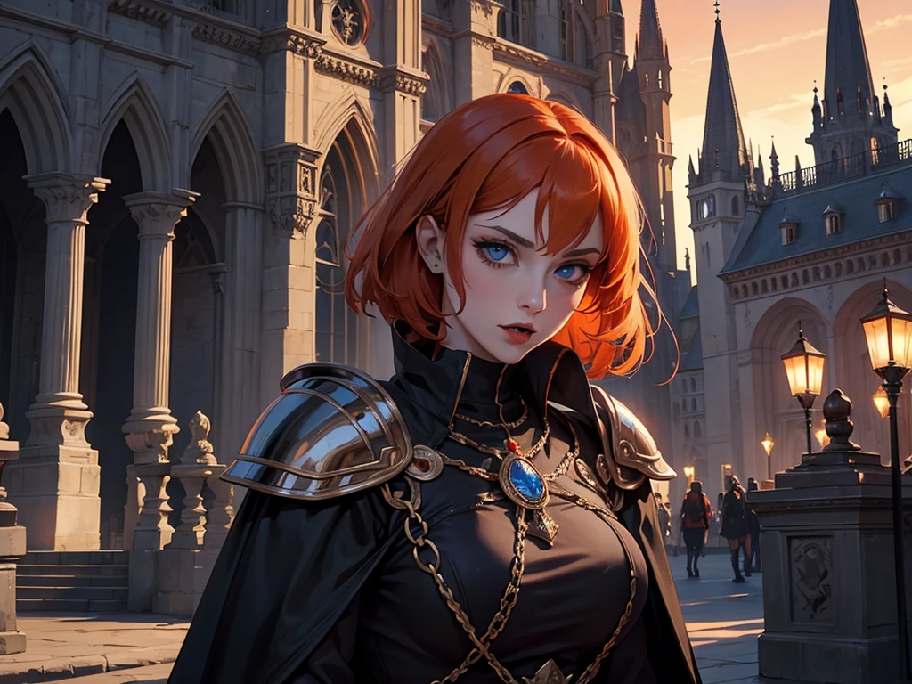 A beautiful and wonderful vampire woman, extremely detailed, short orange hair, wearing extremely detailed gothic armor, blue eyes in medieval public square, palace, crepúsculo, 8k, linda, sacerdotisa, crepúsculo, entardecer, vampira.