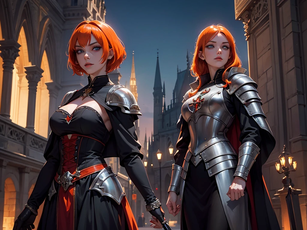 A beautiful and wonderful vampire woman, extremely detailed, short orange hair, wearing extremely detailed gothic armor, blue eyes in medieval public square, palace, crepúsculo, 8k, linda, sacerdotisa, crepúsculo, entardecer, vampira.