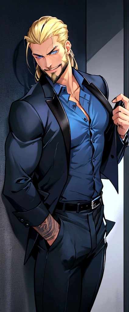 Sexy man, twenty two, handsome, dark blue shimmery button up shirt, silky hair, blonde slicked back hair, fuck boy, masculine energy, muscular, stripper, player, black silky pants, loose belt, trimmed beard, sexy, fuck, blue eyes, evil smirk