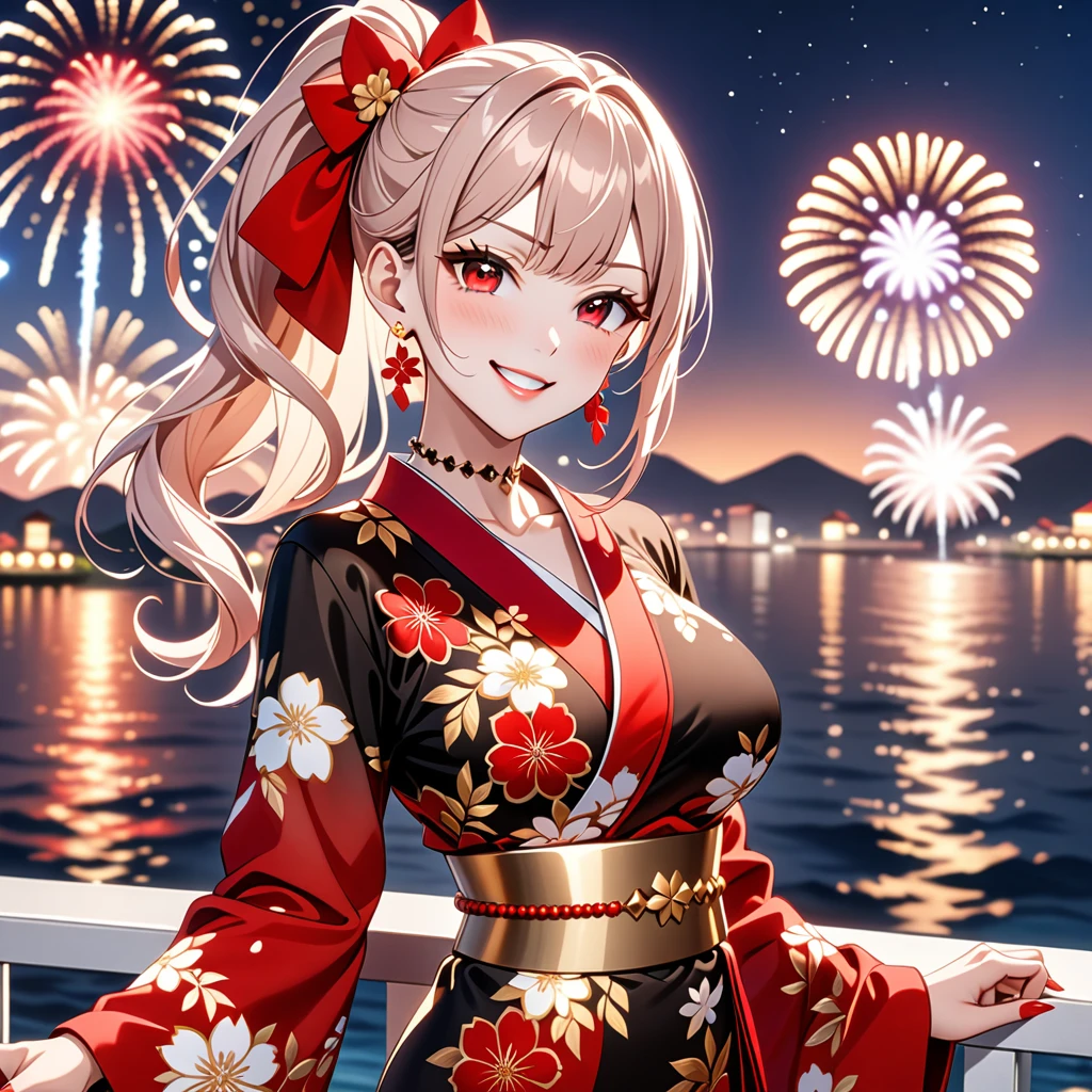 ((One personの女性)), Beautiful Face, (Laughing embarrassedly), (smirk:1.4), ((Wink:1.5)), (head tilt:1.3), Laugh with your mouth wide open, upper teeth, looking at viewer, (Doing sexy poses), ((Bright red cheeks:1.4)), Glossy Red Lips, night,Terrace with sea view, firework, Glossy pink lips, Shining Face, ((Anime style background)),masterpiece, Highest quality, so beautiful,up to date, Complex details, (long nails of red color), (nail art), (ring),(bracelet),(Floral choker), (helix piercing:1.3), AI-generated, Complex,High resolution, Highest quality, super high quality,3D Images、3D Images,One person,Long white hair,High Ponytail, Anime woman posing for a photo, ((A person with pale, translucent eyes that give off an ethereal glow:1.3)), ((Fine grain、gradient eyes、Shining Eyes:1.4)), (Squint your eyes:1.1),a hyperRealistic , hyperRealistic , Realistic,Anime woman with long white hair, Smooth anime CG art, (A woman in a colorful kimono with gold embroidery), ((Black long sleeve kimono:1.3)), Red floral pattern,Long flower hair ornament,Earrings,Mature Body,((Big Breasts:1.2)),Tall,Abdominal muscles,Tight waist, ((face focus:1.8)), (dutch angle:1.3),