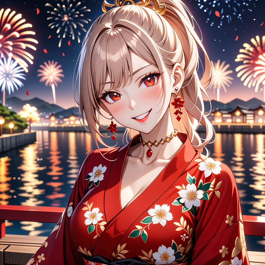 ((One personの女性)), Beautiful Face, (Laughing embarrassedly), (smirk:1.4), ((Wink:1.5)), (head tilt:1.3), Laugh with your mouth wide open, upper teeth, looking at viewer, (Doing sexy poses), ((Bright red cheeks:1.4)), Glossy Red Lips, night,Terrace with sea view, firework, Glossy pink lips, Shining Face, ((Anime style background)),masterpiece, Highest quality, so beautiful,up to date, Complex details, (long nails of red color), (nail art), (ring),(bracelet),(Floral choker), (helix piercing:1.3), AI-generated, Complex,High resolution, Highest quality, super high quality,3D Images、3D Images,One person,Long white hair,High Ponytail, Anime woman posing for a photo, ((A person with pale, translucent eyes that give off an ethereal glow:1.3)), ((Fine grain、gradient eyes、Shining Eyes:1.4)), (Squint your eyes:1.1),a hyperRealistic , hyperRealistic , Realistic,Anime woman with long white hair, Smooth anime CG art, (A woman in a colorful kimono with gold embroidery), ((Black long sleeve kimono:1.3)), Red floral pattern,Long flower hair ornament,Earrings,Mature Body,((Big Breasts:1.2)),Tall,Abdominal muscles,Tight waist, ((face focus:1.8)), (dutch angle:1.3),